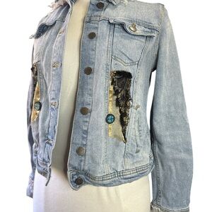 Repurposed Denim Jacket with Lace Accents